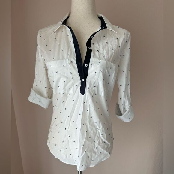 Zara nautical button down shirt with contrasting collar and anchors. Sz M - Picture 1 of 9